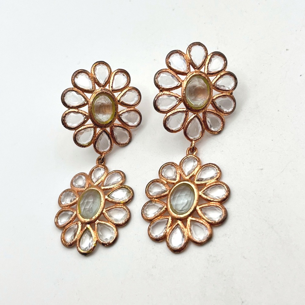 Rose Gold Tone Double Flower Drop Dangle Earrings Clear Stone Floral Statement